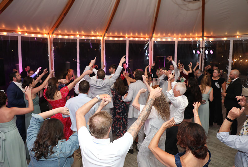 Guests waving their arms in the air while dancing.