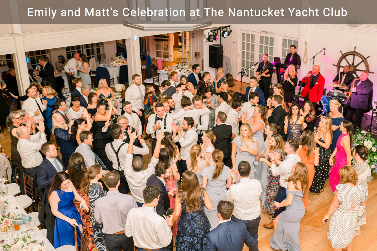 A packed dance floor at a Nantucket wedding with Boston Premier on stage.