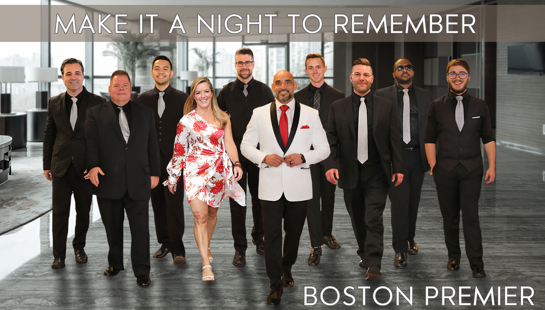 Boston Premier band posing for a photo at a Boston Hotel.